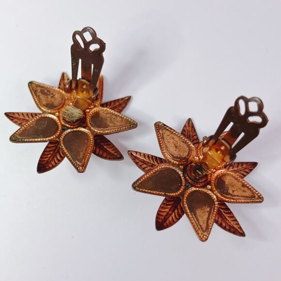 VTG 50s Mid Century Earrings Confetti Lucite Starburst Clip On Copper Finish - Picture 8 of 11